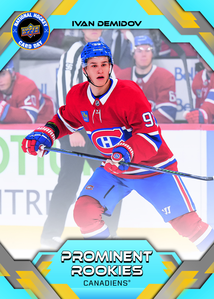 Ivan Demidov in a red Canadiens uniform inside the turquoise, gold and gray Prominent Rookies card design.