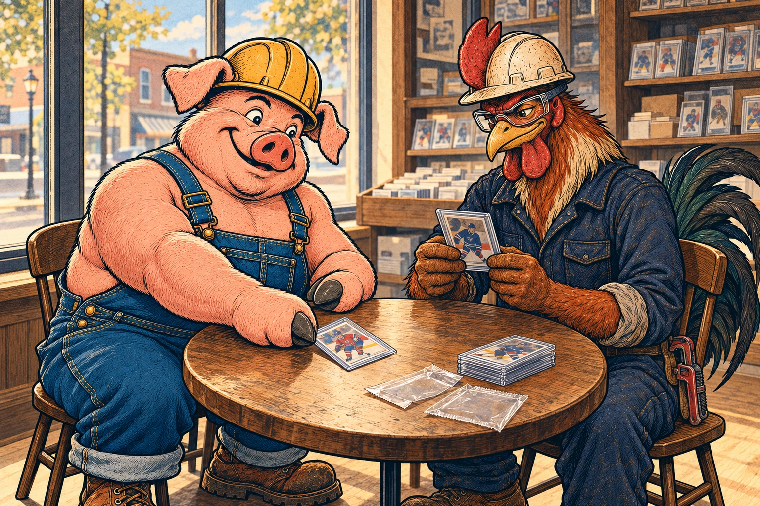 Hammy and Riggs compare protected hockey cards at a small round table beside their card-shop window.