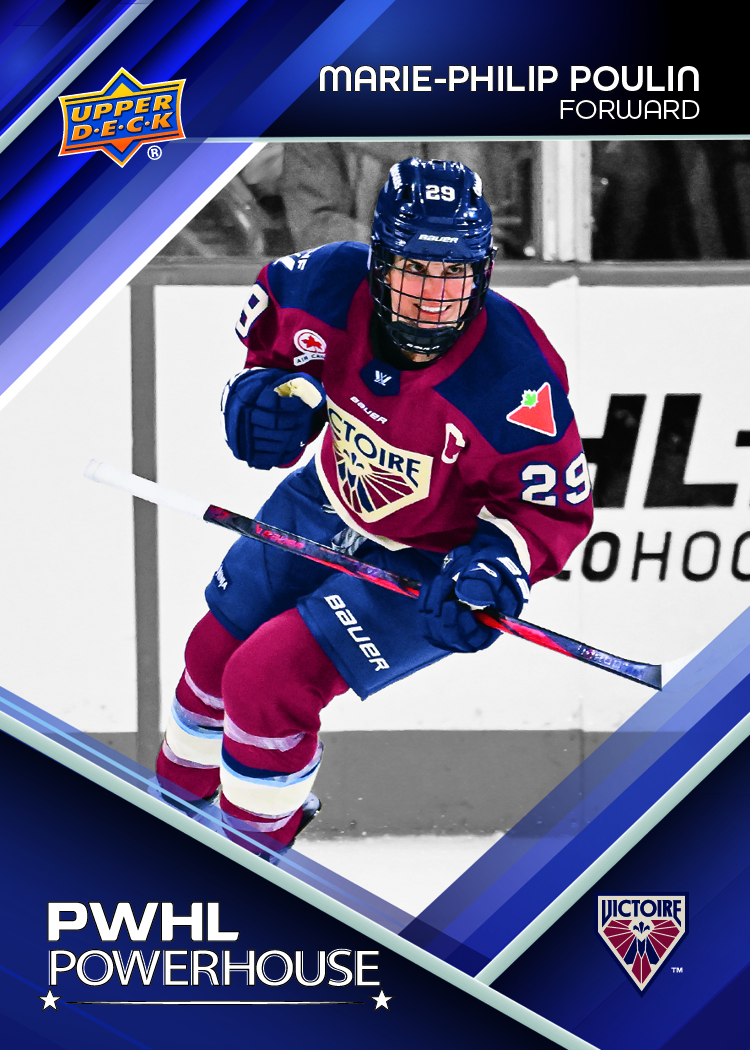 Marie-Philip Poulin in a burgundy-and-blue Montreal Victoire uniform on her 2026 National Hockey Card Day PWHL Powerhouses card.