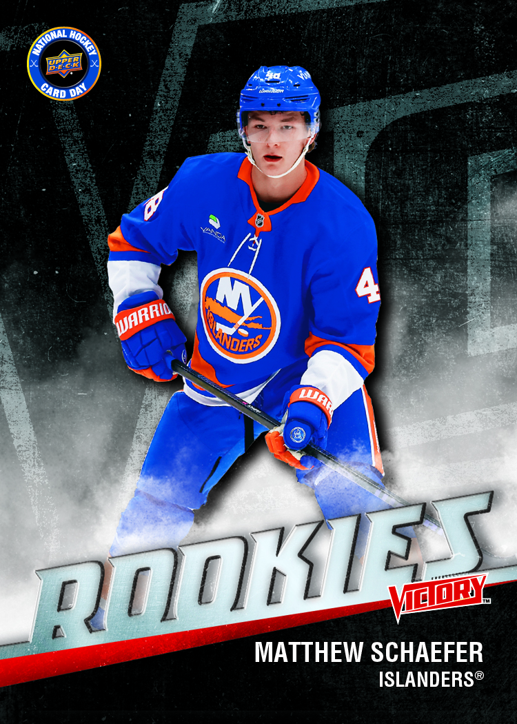 Matthew Schaefer in an Islanders uniform against the textured dark background of his UD Victory Black Rookies card.