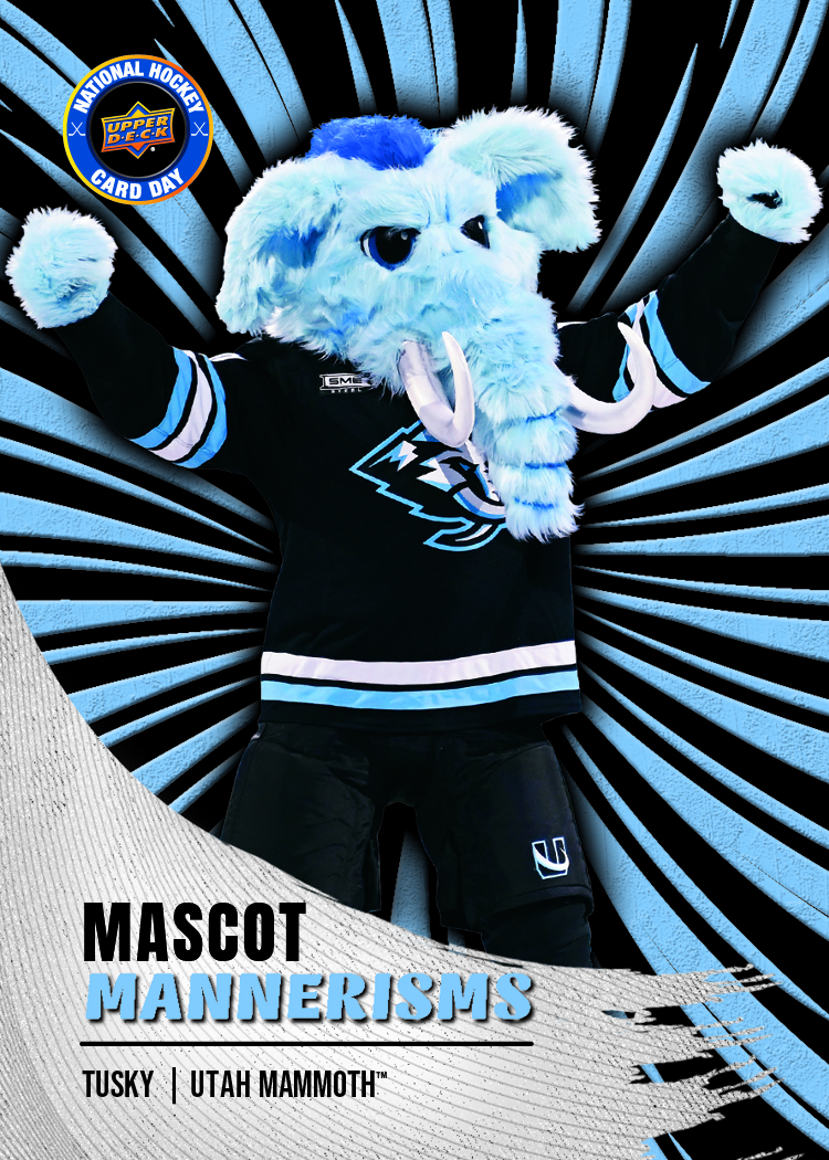 Tusky, the Utah Mammoth mascot, raises both arms against radiating blue and black stripes on his Mascot Mannerisms card.