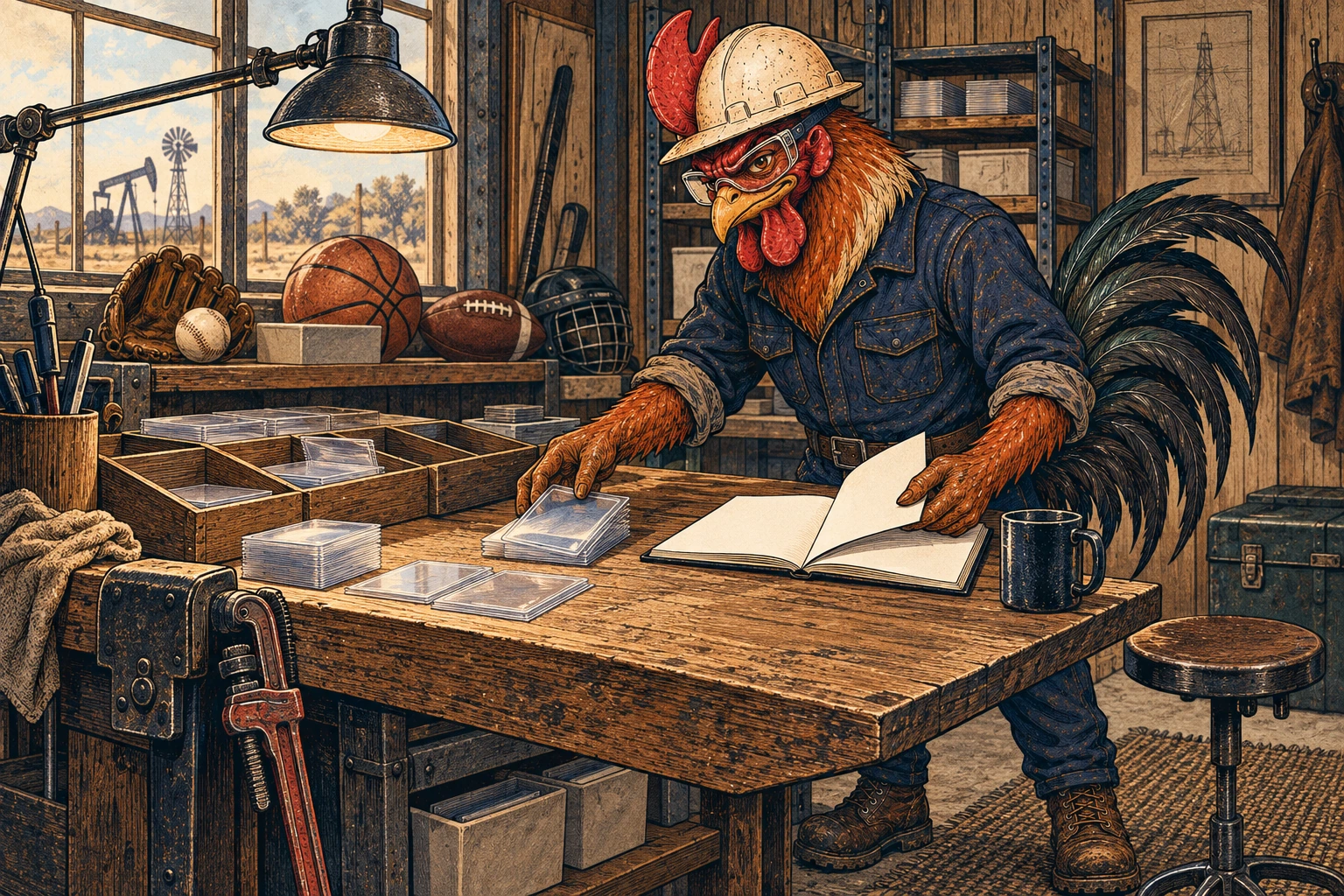 A rooster in a hard hat, safety glasses, and navy coveralls sorts neutral card sleeves beside an open blank notebook at a workbench, with sports equipment nearby.