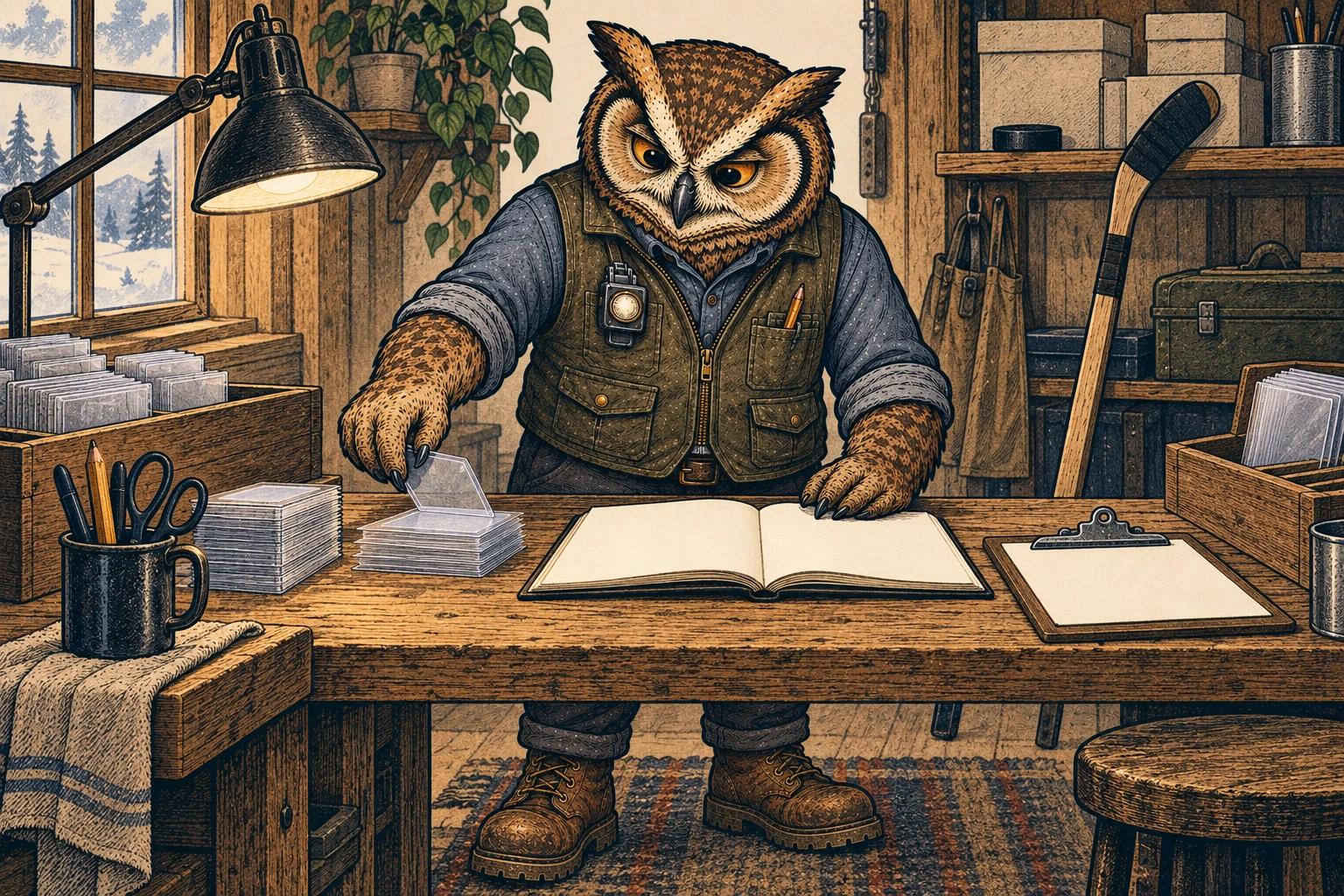 A tawny, charcoal-mottled owl with uncovered feather tufts, an olive utility vest, slate shirt, work trousers and boots sorts clear card sleeves beside a blank open notebook at a wooden workbench. A hockey stick rests against shelves in the warmly lit workshop, with a clipboard nearby and snow visible through the window.
