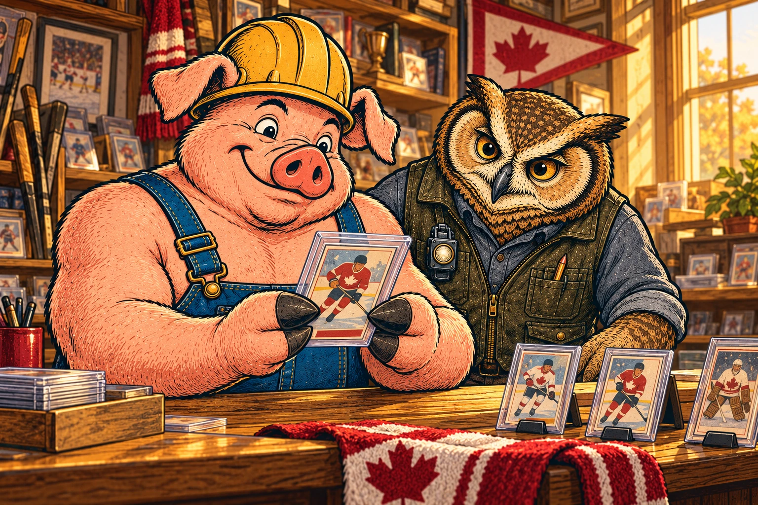 Hammy and Lemmy enjoy a protected hockey card at their shop counter, with a red-and-white scarf and maple-leaf pennant nearby.