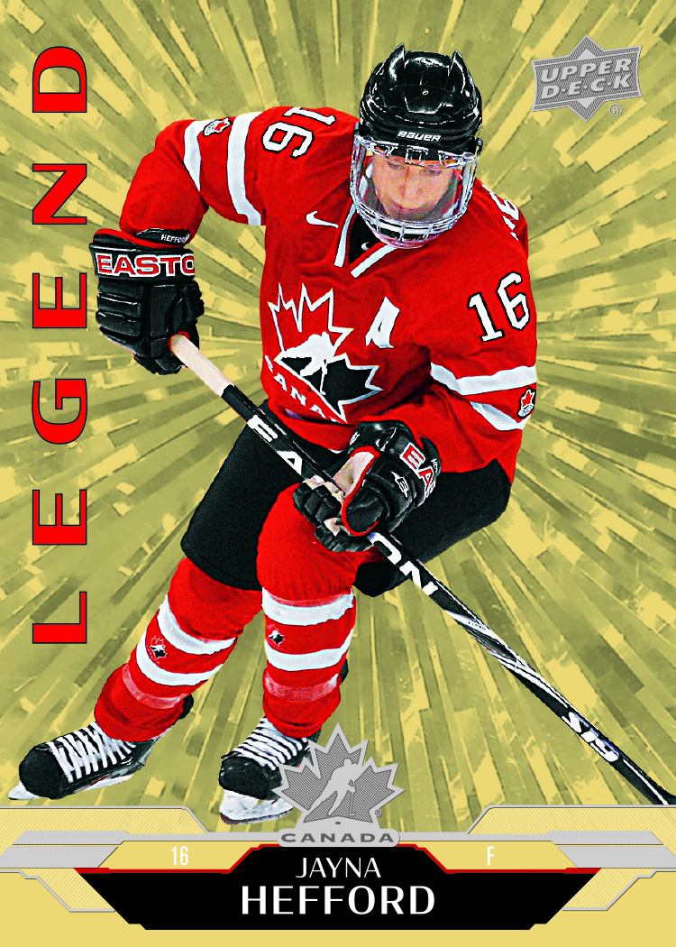 Jayna Hefford in a red Canada uniform against a radiating gold background on her Legends Gold Outburst preview.