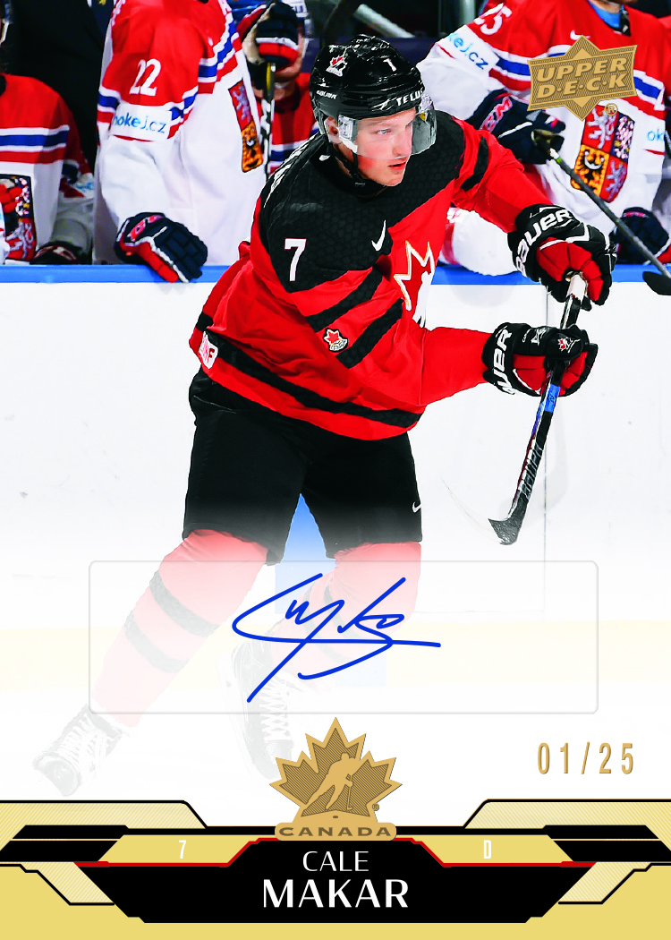 Cale Makar in a red and black Canada uniform on his Gold Auto parallel preview, with a blue signature and numbering to 25.