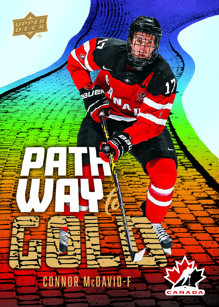 Connor McDavid in a red and black Canada uniform on a rainbow-colored Pathway to Gold card preview.