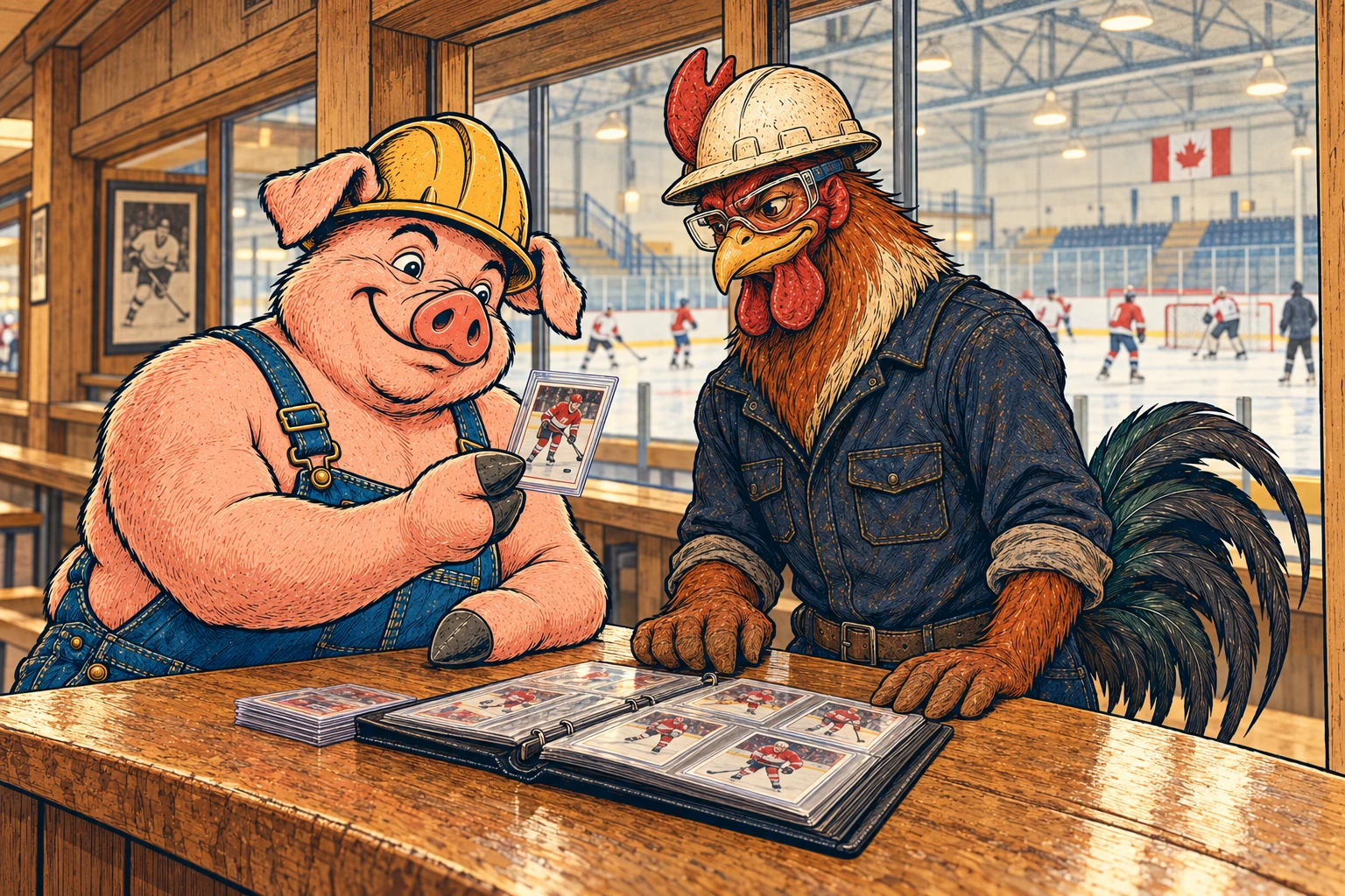 Hammy and Riggs share a sleeved hockey card at a counter overlooking a community ice rink.