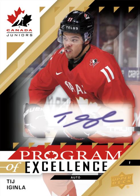 Tij Iginla in a red Canada jersey on a gold, black and white Program of Excellence autograph preview.