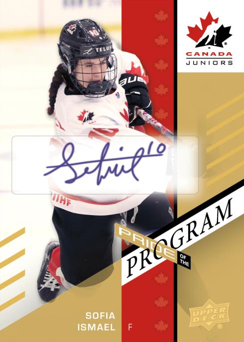 Sofia Ismael in a white Canada jersey on a red and gold Pride of the Program Signatures card preview.