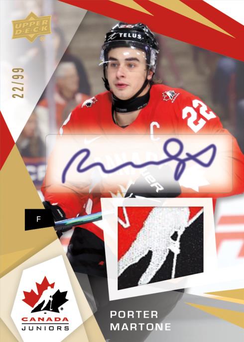 Porter Martone in a red captain’s jersey above a blue autograph and a Canada crest patch preview.