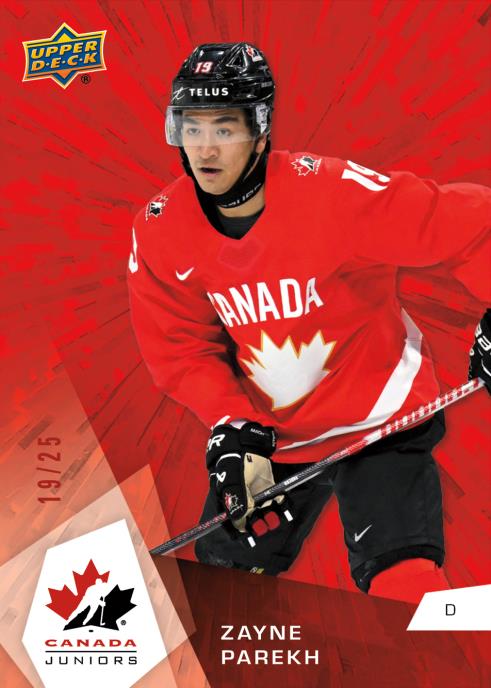 Zayne Parekh in a red Canada jersey against a radiating red Outburst background.