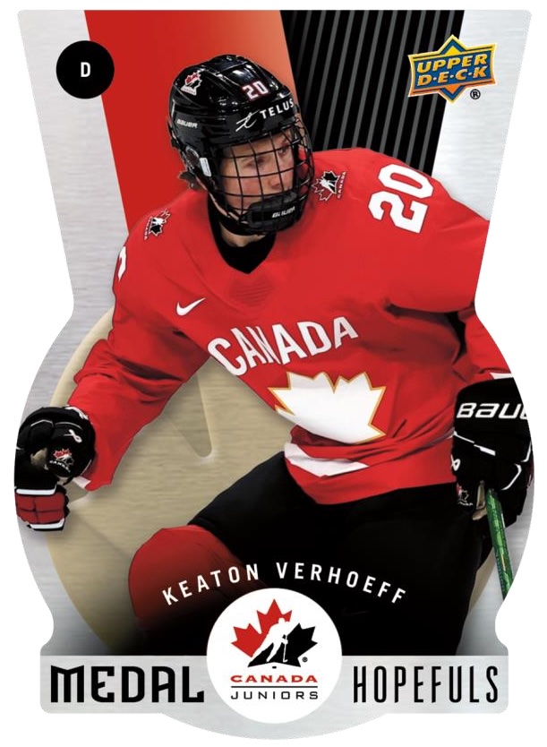 Keaton Verhoeff in a red Canada jersey on a silver, medal-shaped die-cut card.