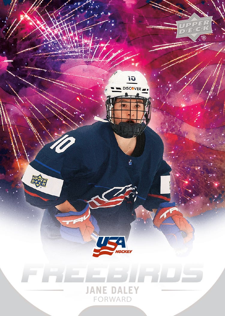 Jane Daley in a navy USA jersey beneath red, purple and gold fireworks on her 2026 Team USA Juniors Freebirds insert.