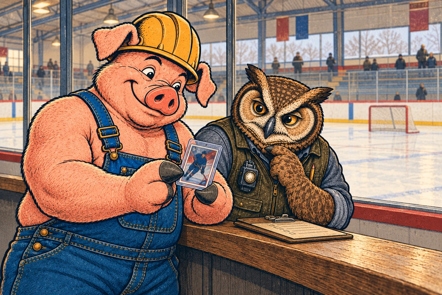 Hammy and Lemmy examine a protected hockey card together at the spectator ledge of an indoor rink.
