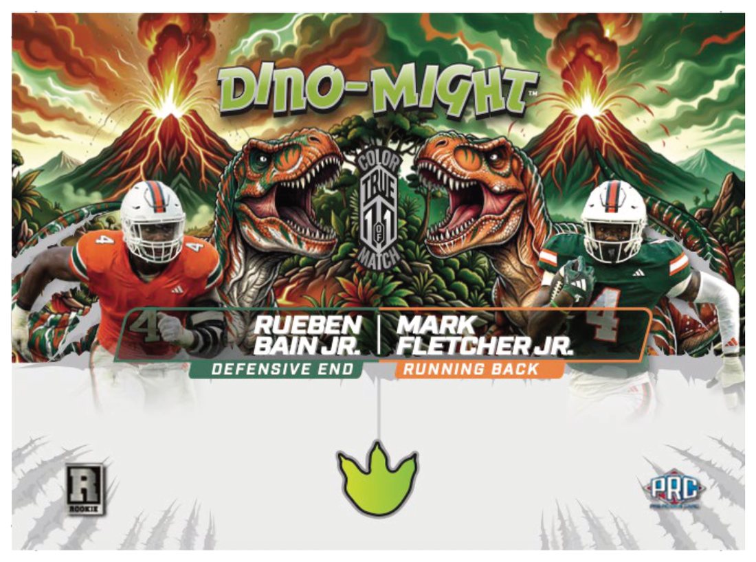 Wild Card Dino-Might Football dual-autograph design with volcanic dinosaur scenery