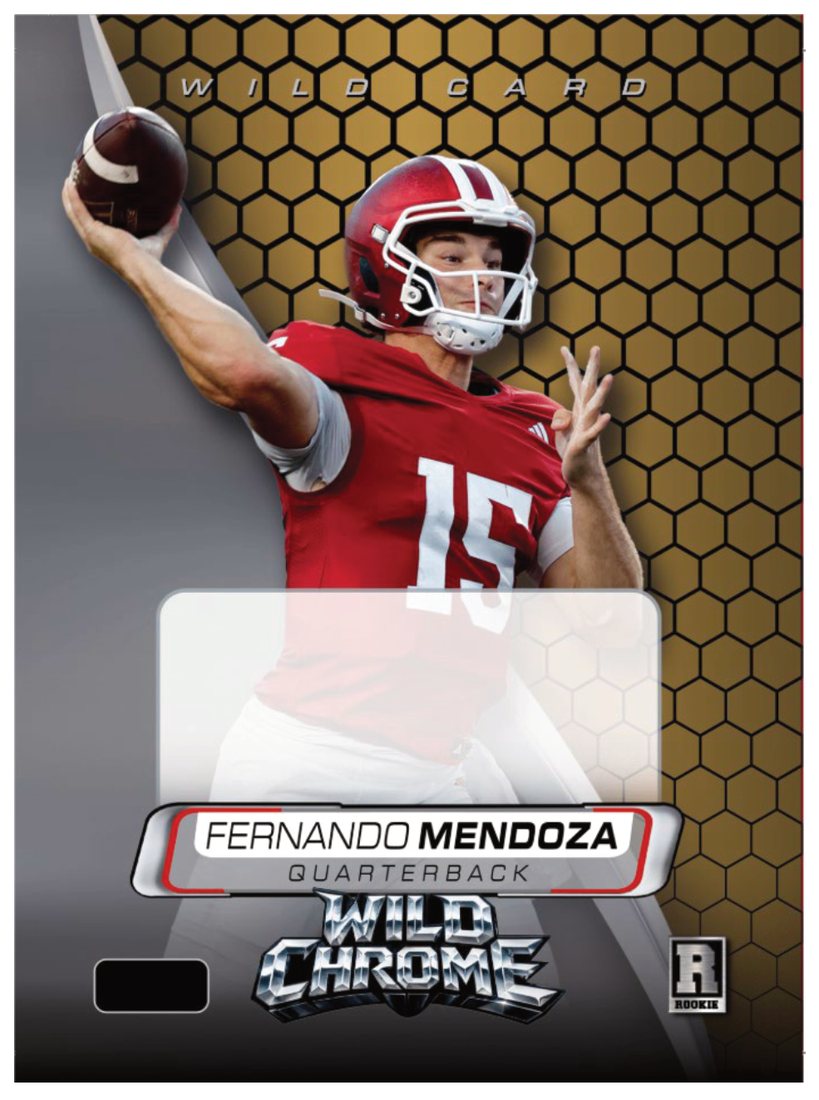 Wild Card Wild Chrome Fernando Mendoza autograph-design preview with a gold honeycomb background
