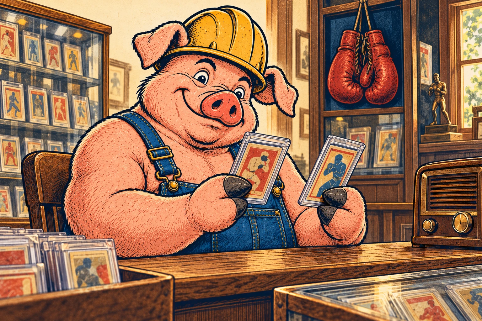 Hammy examining two protected boxing cards at the shop counter beside a vintage radio.