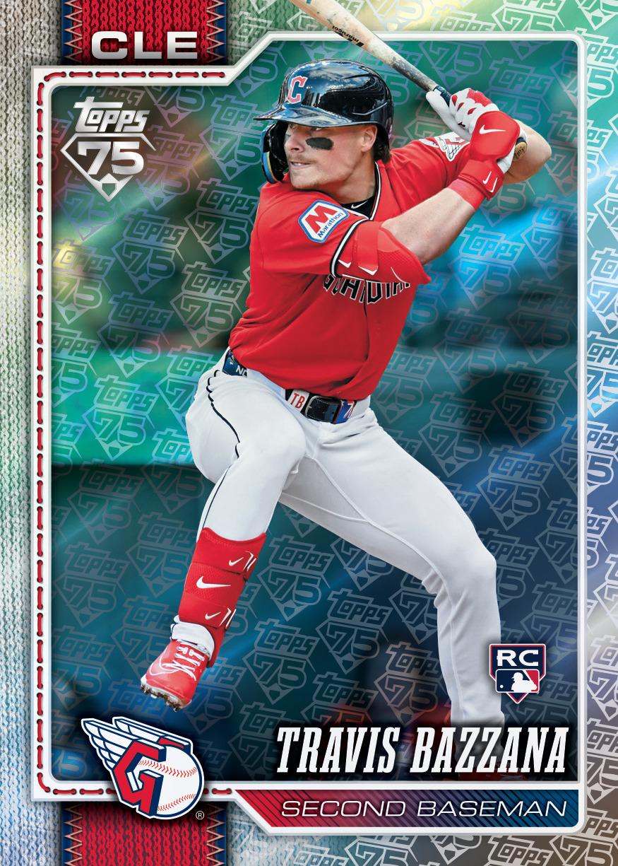 Official 2026 Topps Update Series Travis Bazzana rookie preview with a 75 Years of Topps Baseball pattern.