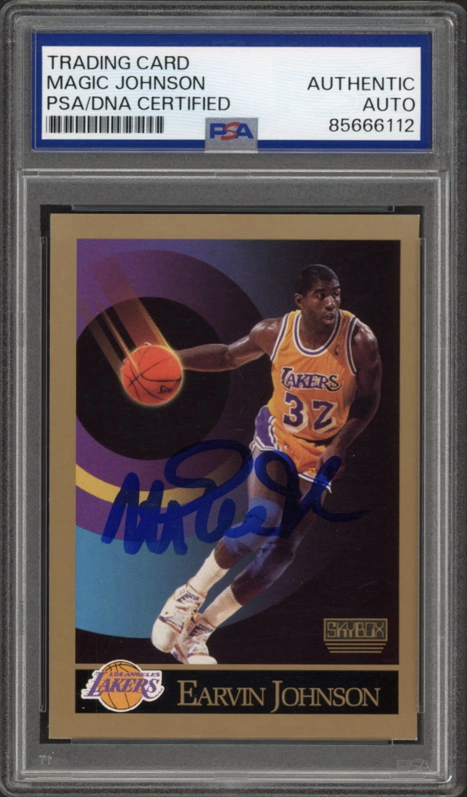 Magic Johnson on 1990–91 SkyBox #138, with his blue signature and full PSA/DNA Authentic Auto holder.