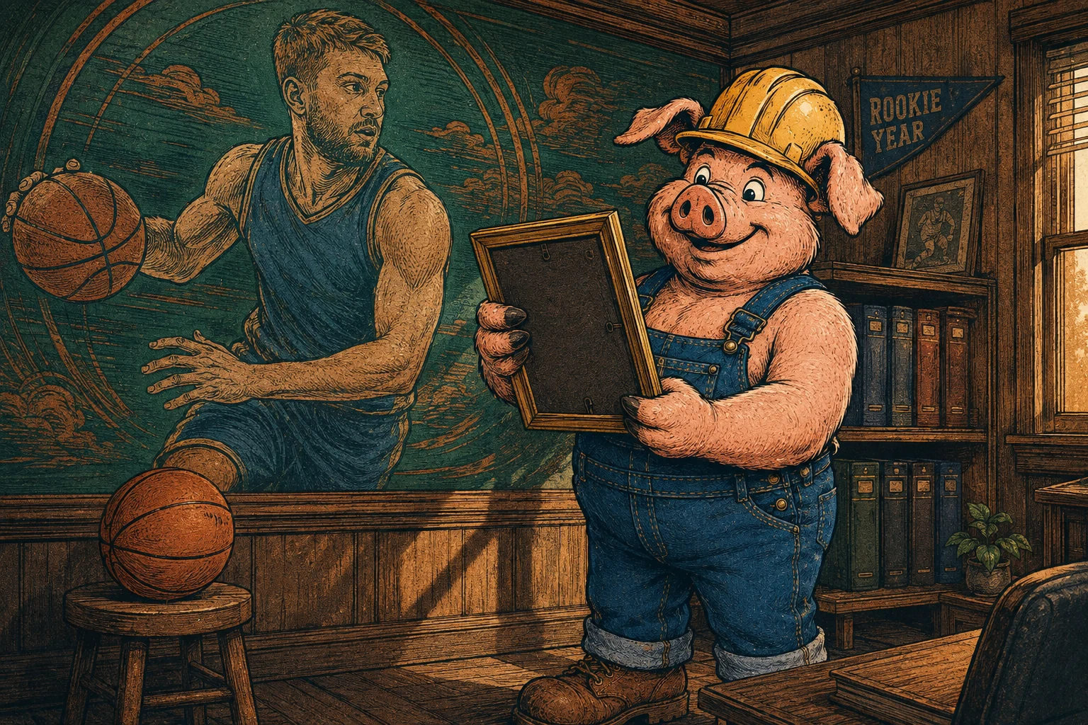 Hammy holding a display frame in a basketball study beside an emerald-and-copper mural of Domantas Sabonis.