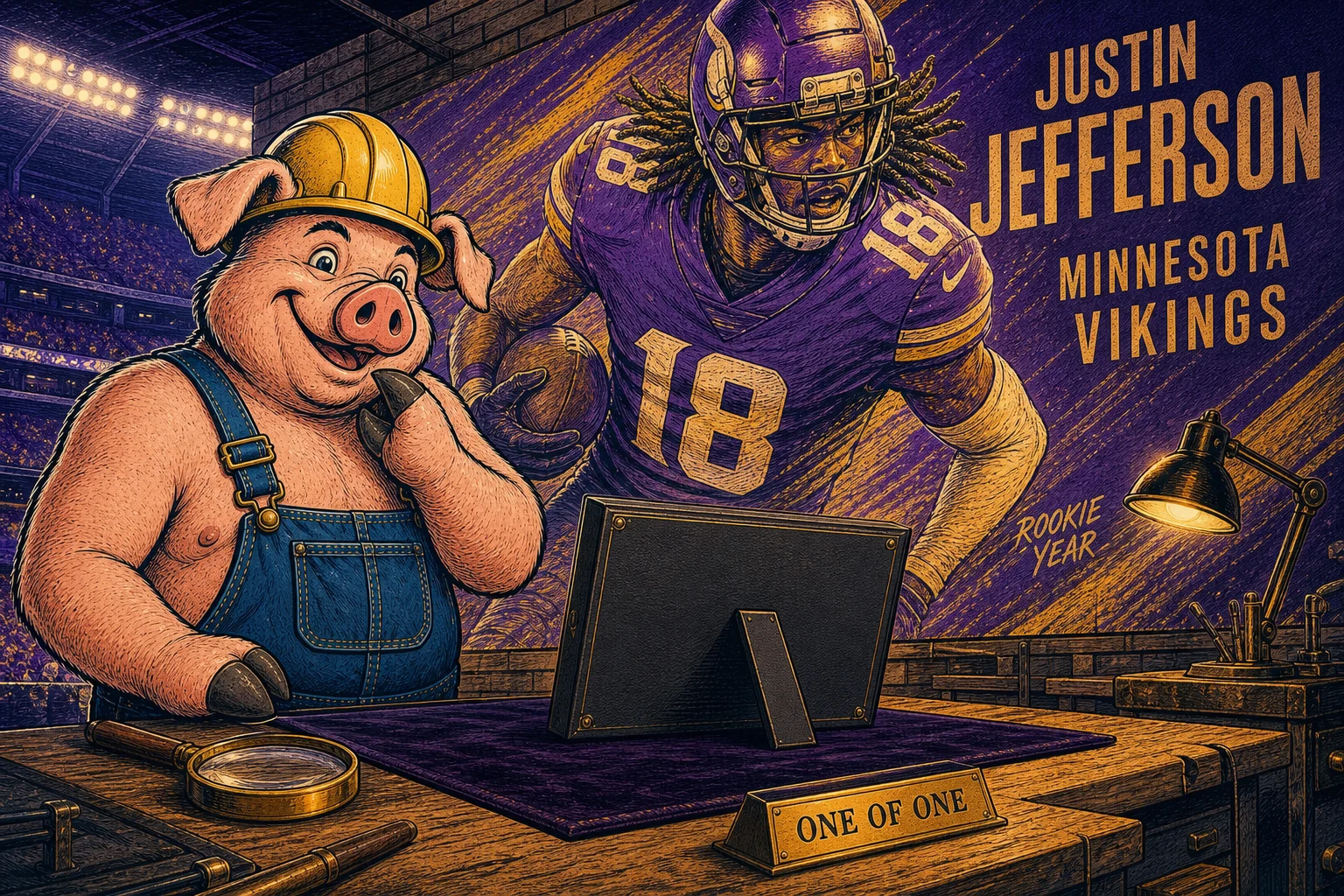 Hammy admiring a display beside a purple-and-gold mural of Justin Jefferson, with a One of One plaque on the workbench.