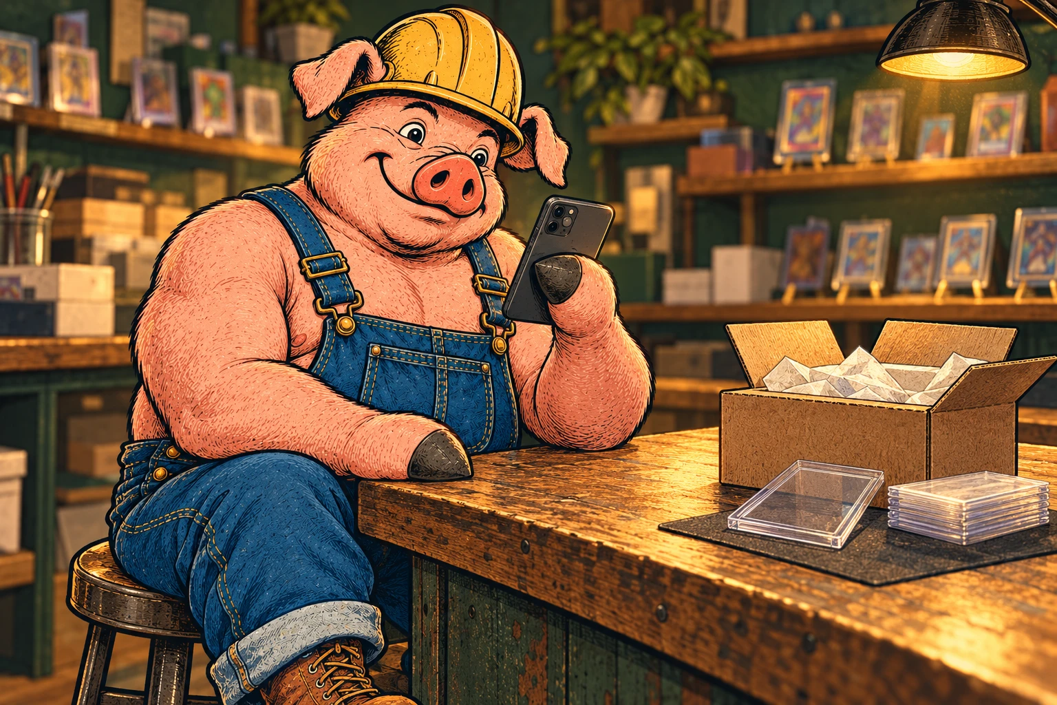 Hammy studies a phone at the card-shop workbench beside an open mailing box and empty protective card holders.