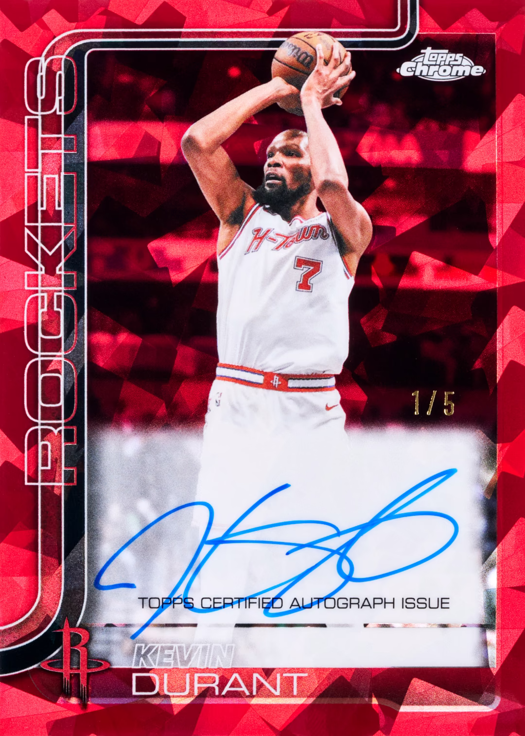 Kevin Durant shooting in a Rockets uniform, with a blue signature, red faceted border and 1/5 stamp.