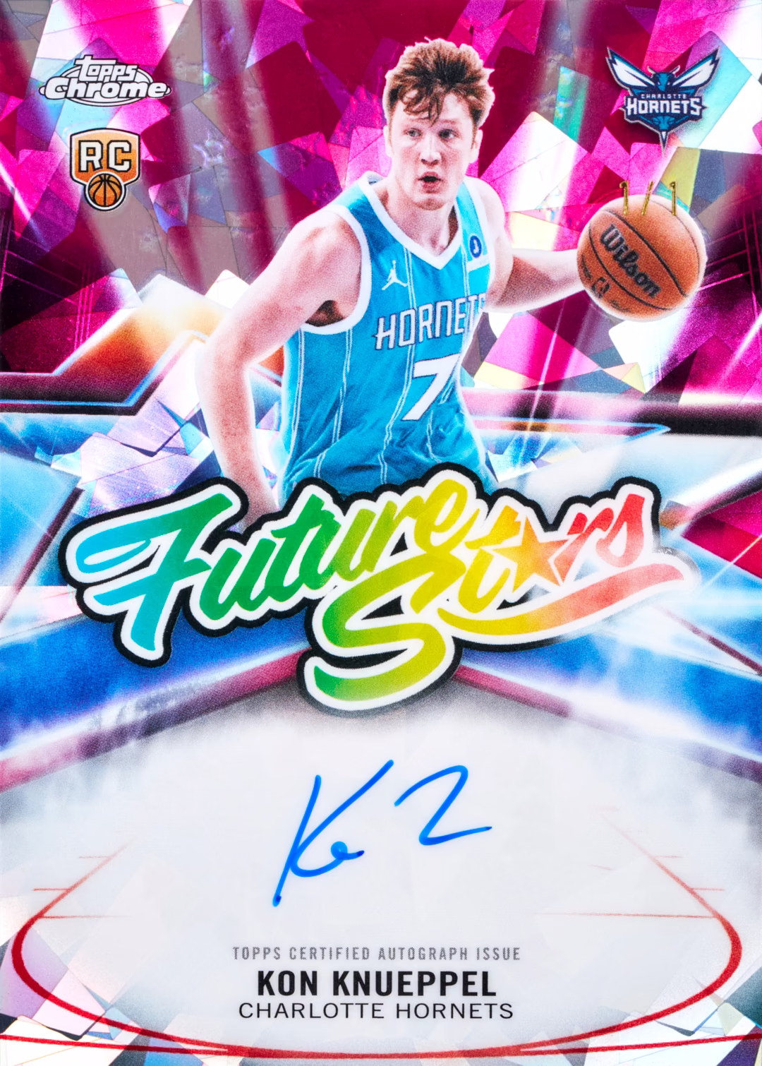 Kon Knueppel dribbling above the multicolored Future Stars lettering and blue autograph, surrounded by pink Sapphire facets.