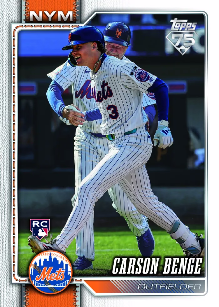Carson Benge swinging in a Mets uniform on his 2026 Topps Series 2 short-print rookie, with the MLB RC shield.
