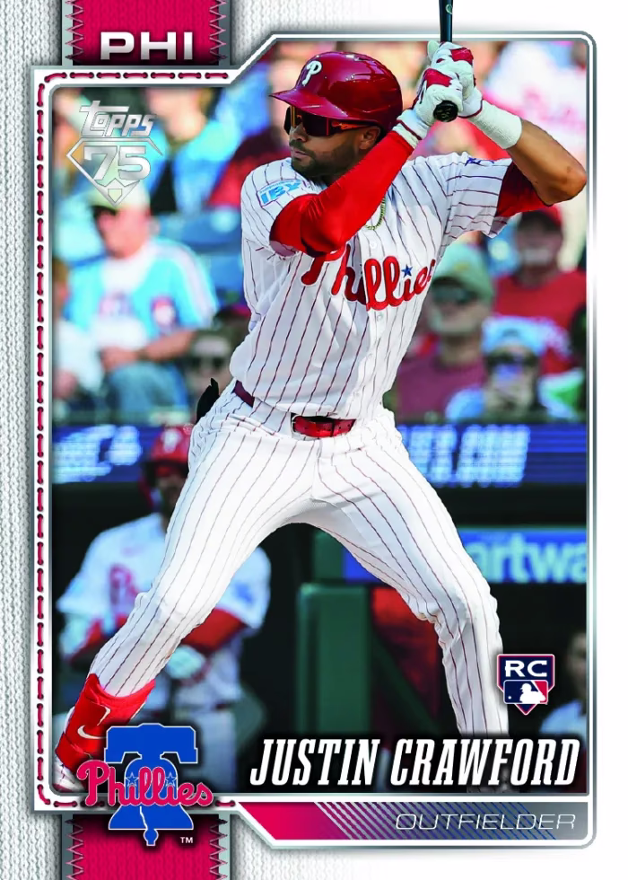 Justin Crawford batting in a Phillies uniform on his 2026 Topps Series 2 short-print rookie, with the MLB RC shield.