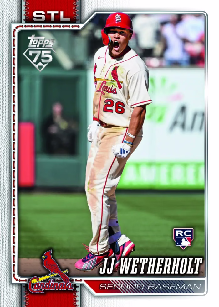 JJ Wetherholt in a Cardinals uniform on his 2026 Topps Series 2 short-print rookie, with the MLB RC shield and white flagship border.