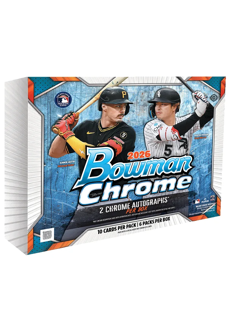 Official 2026 Bowman Chrome Baseball Hobby box with Konnor Griffin and Munetaka Murakami on blue packaging.