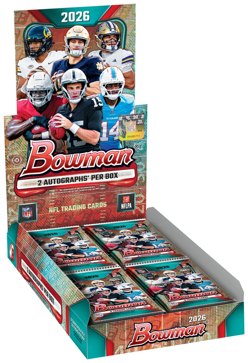 Official 2026 Bowman Football standard Hobby box with unopened eight-card packs.