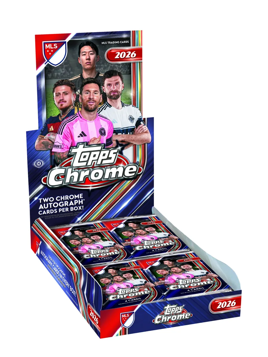 Official 2026 Topps Chrome MLS Hobby box with unopened four-card packs.