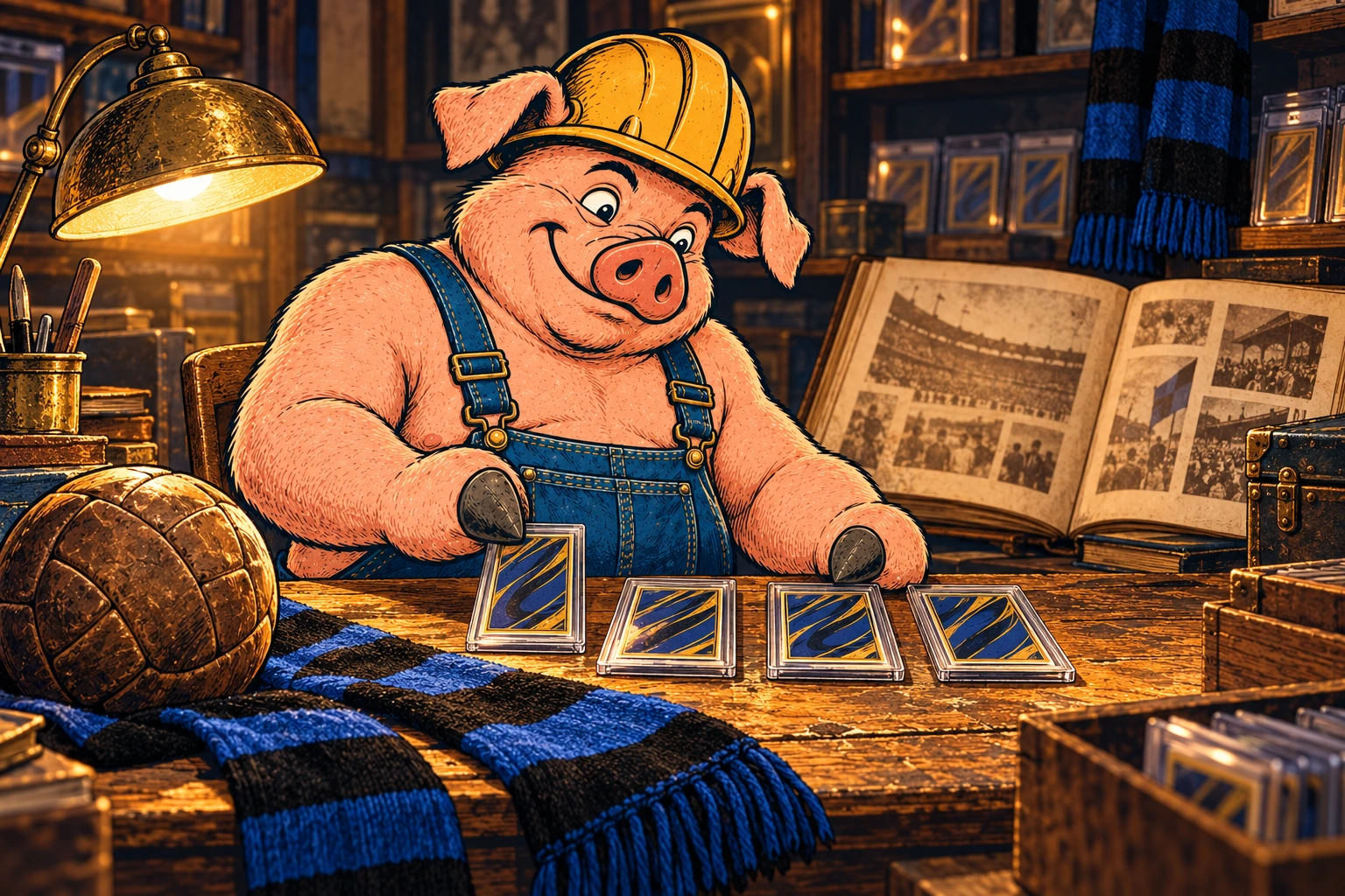 Hammy arranges four encased cards at the shop counter beside a black-and-blue scarf, a leather football and an open album.