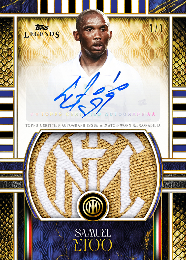 Samuel Eto’o autograph relic design preview with blue ink above a large white-and-gold Inter crest fabric window and a 1/1 mark.