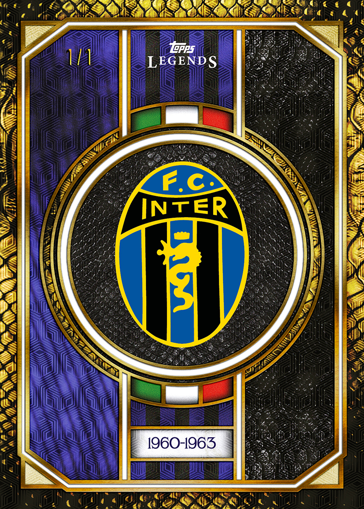 Inter’s yellow-and-blue 1960–1963 crest on the Gli Stemmi dell’Inter design preview, surrounded by blue, black and gold framing.