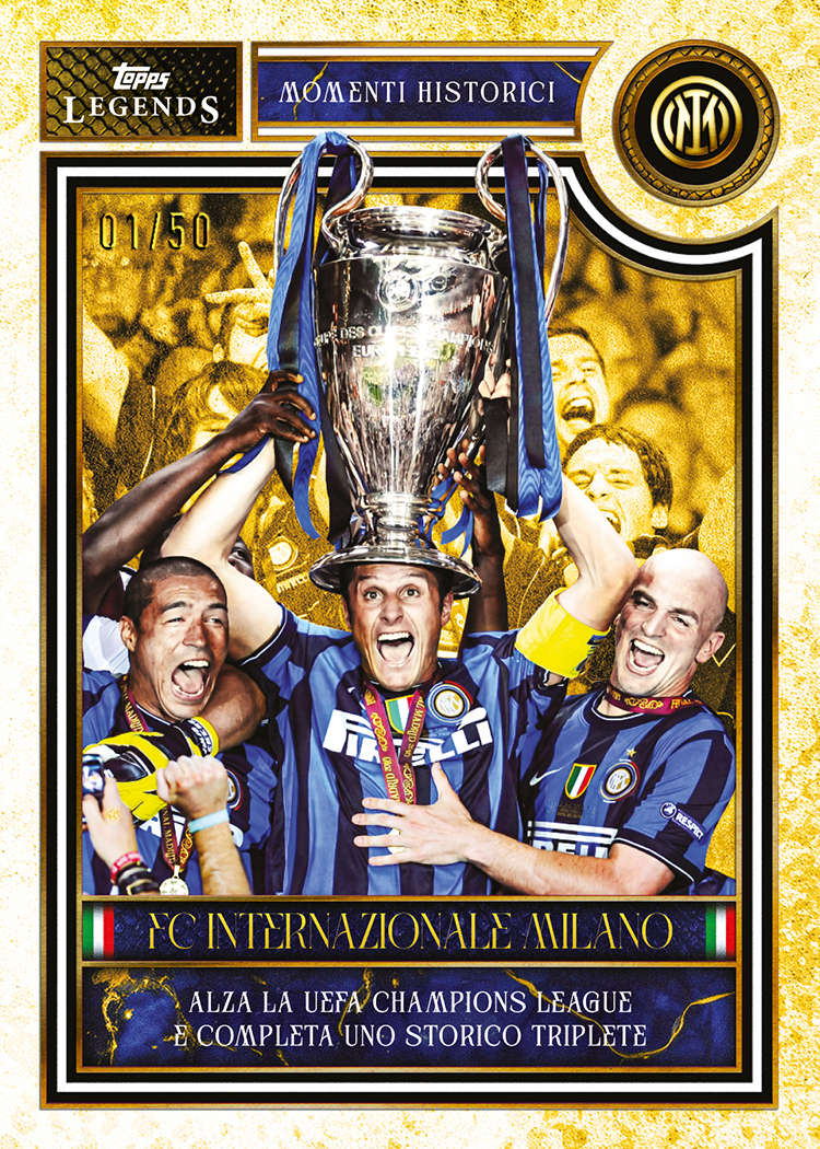 Inter’s Champions League celebration on a gold Momenti Historici design preview, with Javier Zanetti lifting the trophy and a pictured 01/50 serial.