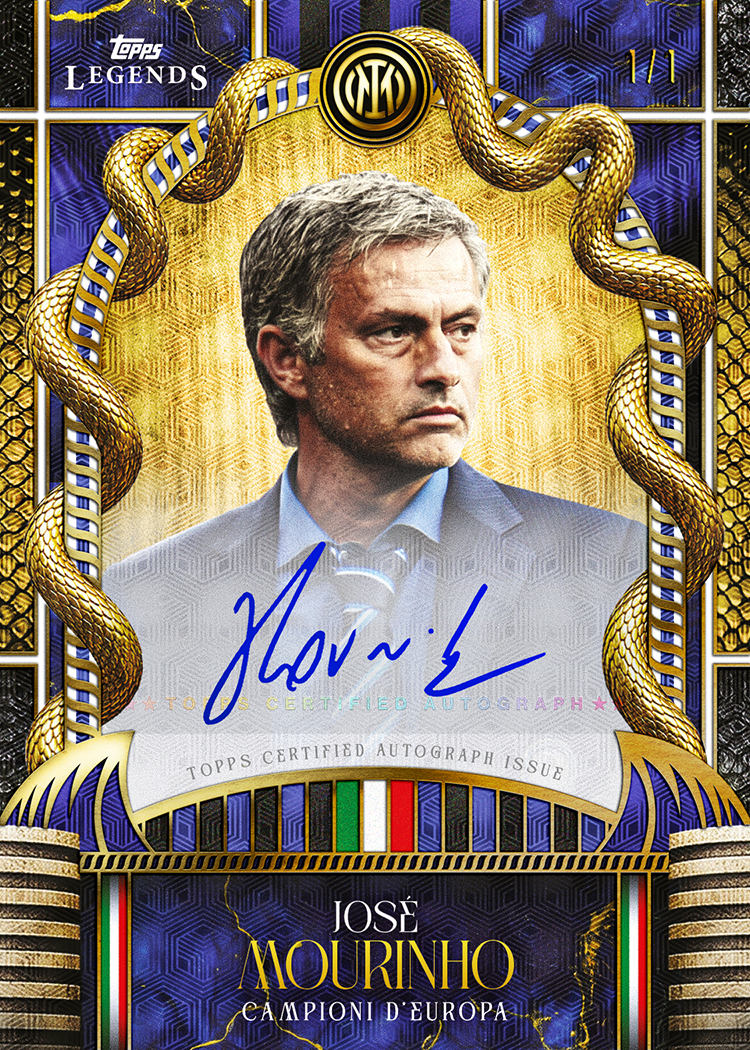 José Mourinho on a gold-and-blue Campioni d’Europa autograph preview, with two gold serpents framing his portrait and a 1/1 mark at the top.
